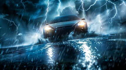 Visualize the power and drama of a car driving through a storm, its headlights piercing through the darkness as rain cascades down.
