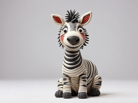 A funny smiling happy zebra made of clay or plasticine sits on a white background.