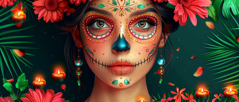 day of dead promotion banner. Girl in make up sugar skull