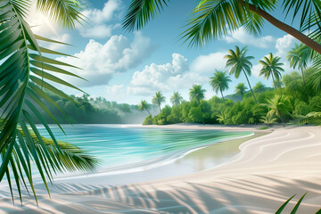 Illustration of tropical beach with white sand, ocean, palm