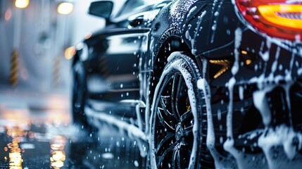 Professional Car Wash black Sportscar with Shampoo close-up - obrazy, fototapety, plakaty