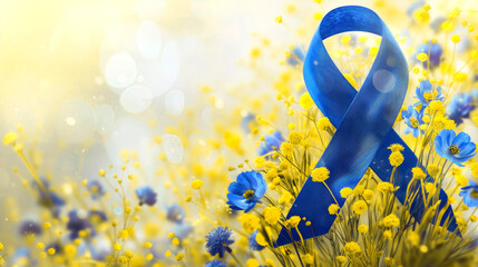A banner with a loop of blue ribbon in yellow mimosas is a conceptual background on the theme of World Down Syndrome Day