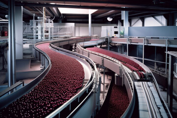 Obraz premium Red grapes on a sleek conveyor belt system in an industrial setting.