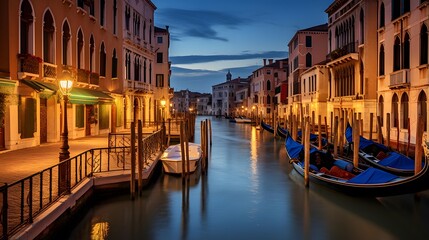 Canal in Venice, Italy. Panoramic view of Venice at night.