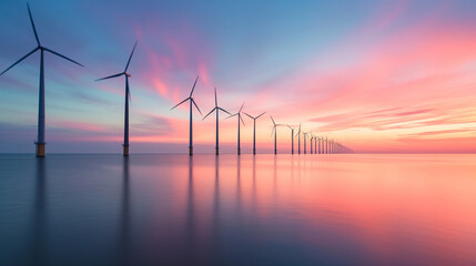 Wind Turbines at Sea during Sunset. Green energy concept.. - obrazy, fototapety, plakaty