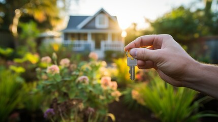The Homeowner's hand shows the key to his New Home with beautiful landscaping at sunset. Housewarming, Buying and Landscaping of Real Estate, Housing concepts. - obrazy, fototapety, plakaty