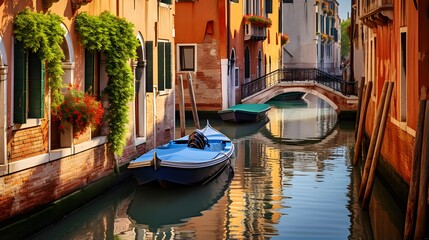 Panoramic view of the canal with boats in Venice, Italy