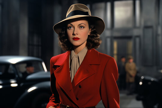 Classic female movie star, caucasian beauty in a red blazer.
