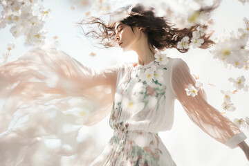 Embrace spring's ethereal beauty with this enchanting image of a woman amidst blossoming flowers, overflowing with serene grace and nature's splendor
