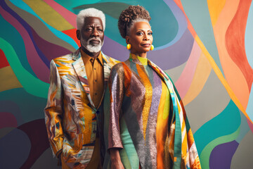 Fototapeta premium Elegant mature couple in vibrant attire posing confidently with a colorful swirl backdrop
