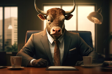 Executive Bull in a Business Suit - obrazy, fototapety, plakaty
