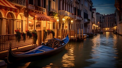 Venice canal with gondolas at night, Italy. Panorama