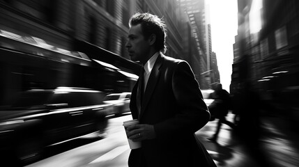 Man in suit is holding a cup of coffee while walking in the city, office building, car, high speed shutter, in style of black and white - Powered by Adobe