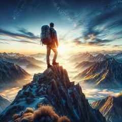 Foto op Canvas a man standing on top of a mountain with a backpack, a stock photo, shutterstock contest winner, computer art, stockphoto, stock photo, behance hd © Rustum