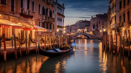 Gondola in Venice at night, Italy. Long exposure.