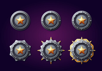 Award rank badge for games. Gold and silver 3d metal effect. Rank and stars. - obrazy, fototapety, plakaty