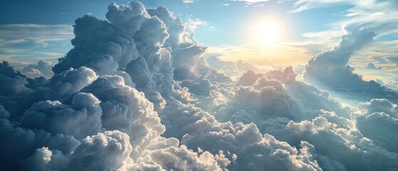 Sunburst Through Cumulus Clouds. The sun casts radiant beams of light through the dynamic shapes of cumulus clouds - obrazy, fototapety, plakaty