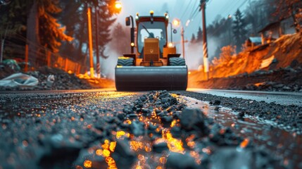A road roller is grinding a road under construction. Generative AI.