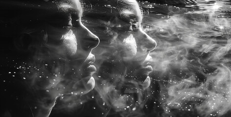 Surreal imagery of faces merging with water, reflecting the concept of dream states and subconscious mind. Suitable for artistic projects, psychological themes, or meditation visuals.