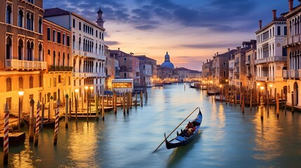 Venice, Italy. Panoramic view of Grand Canal at sunset. - obrazy, fototapety, plakaty