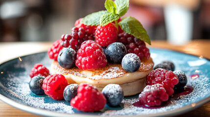 Close-up of pancakes with fresh berries and powdered sugar, ideal for food blogs or menus.