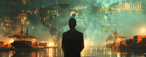 Man Contemplating Over Global Business.
Man silhouetted against a backdrop of global business activity and green data. - obrazy, fototapety, plakaty