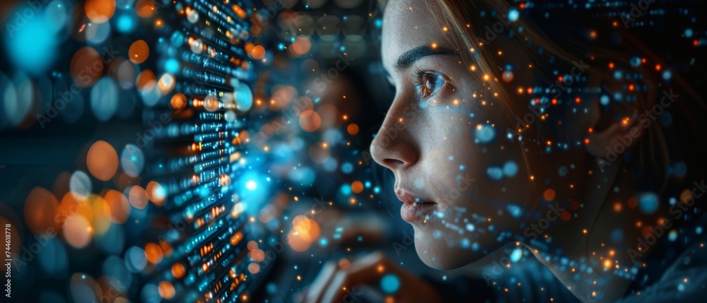 Leinwandbilder A chatbot that uses AI (Artificial Intelligence), a search engine, a businessman using a laptop connected to AI, a command prompt for generating ideas, digital transformation, SEO.