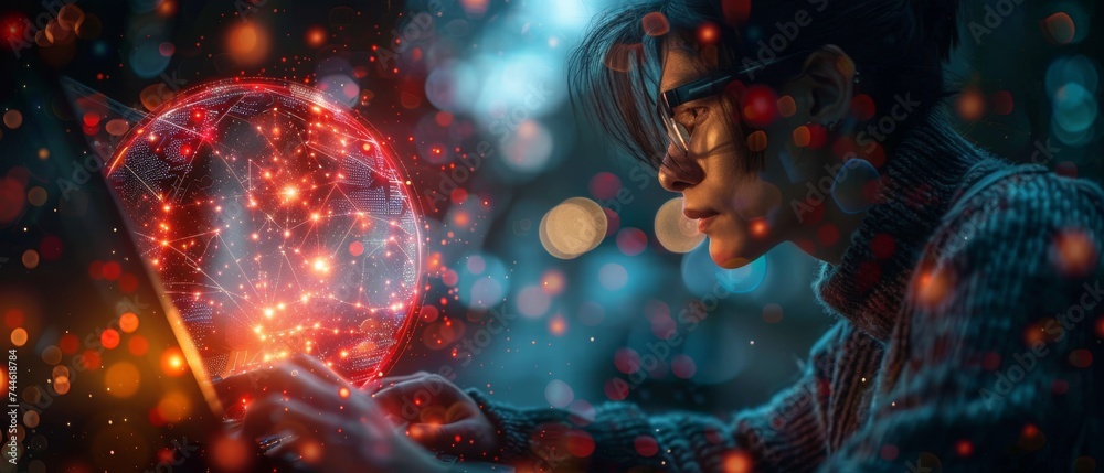 Aufkleber AI (Artificial Intelligence), bots with AI, search engines, businessmen using laptops connected to AI, using command prompts for generating ideas, digital transformation, and SEO.