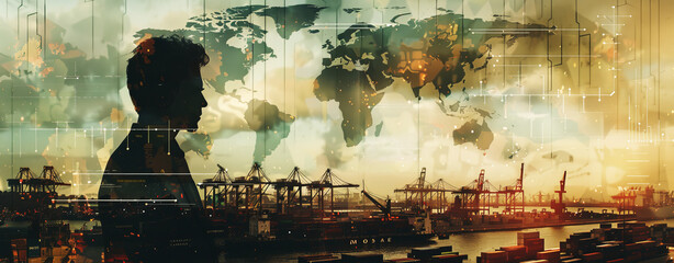 Silhouetted Businessman with World Map Background.
Businessman in silhouette with a creative world map and port backdrop.