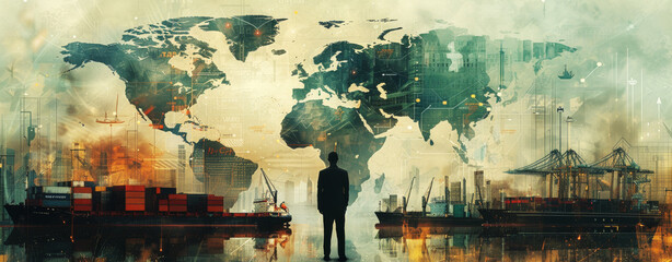 Global Trade and Industry Concept Art.
Silhouette of a man before a painted world map with industrial port scene.
