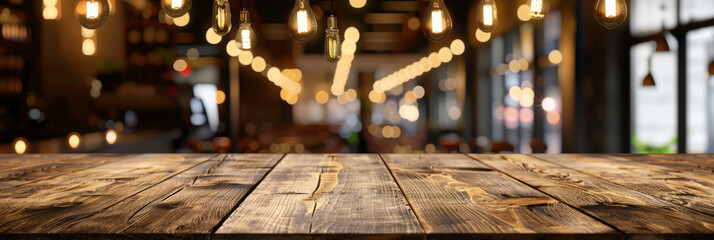 Wooden Table with Blurred Bistro Background