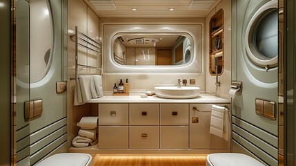 A small bathroom in a green van, in the style of light beige. Generative AI.