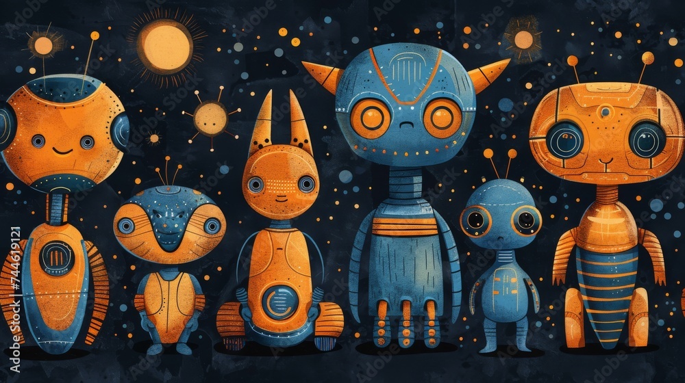 Poster In retro style, robots and monsters with digital seamless pattern. texture with nanobots.