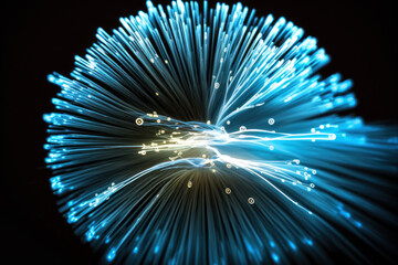 Obraz premium Dive into the digital cosmos with this captivating fiber-optic explosion, showcasing a stunning array of blue light beams! Perfect for tech backgrounds.
