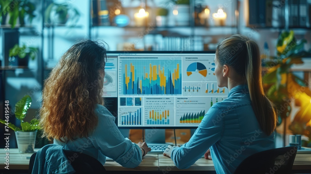 Aufkleber two people sit in front of a computer, computer showing marketing charts in daily marketing working 
