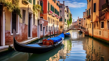 Canal in Venice, Italy. Panoramic view with gondolas