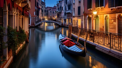 Venice canal with gondola at night, Italy. Panorama