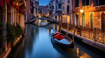 Fototapeten Venice canal with gondola at night, Italy. Panorama © I