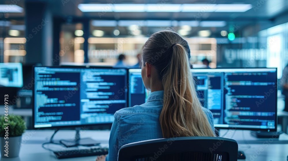 Poster young professionals working contemporary business environment monitors with codes programming, large