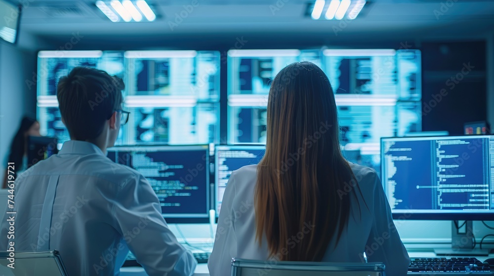 Poster young professionals working contemporary business environment monitors with codes programming, large