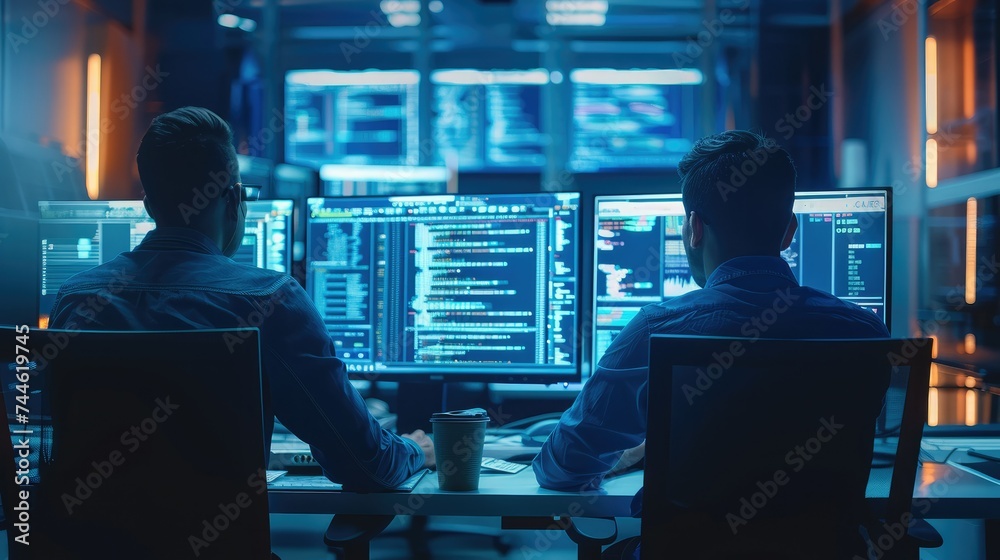 Poster young professionals working contemporary business environment monitors with codes programming, large