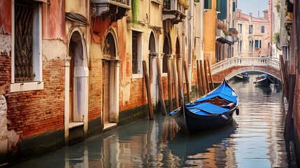 Fototapeta na wymiar Panoramic view of a canal with gondolas in Venice, Italy