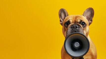 Cute dog holding a loudspeaker in his paws for an announcement on a dark background with empty space for text, banner