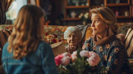 Teenage girl and her mom hide flowers and a gift box behind the backs of their grandmother while she sits on the couch at home - obrazy, fototapety, plakaty