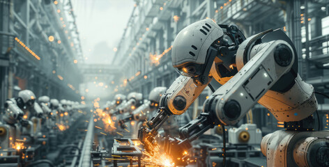 A giant futuristic robotic factory assembly line with towering machines whirring and clanking and sparks flying from welding robots. Generative AI. - obrazy, fototapety, plakaty