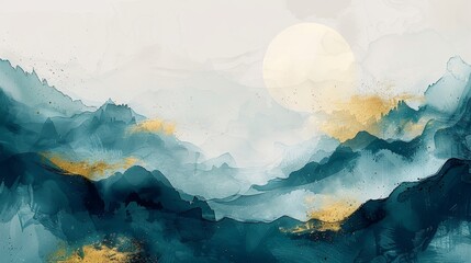 Decorative art background made . Chinese style, moody landscape painting, golden texture. Ink landscape painting. Modern Art. Prints, wallpapers, posters, murals, carpets.