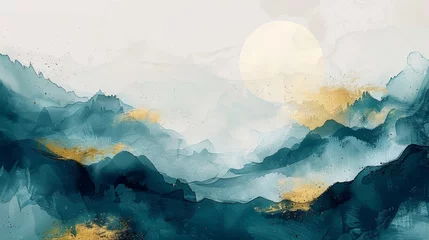 Abwaschbare Fototapete Grün blau Decorative art background made . Chinese style, moody landscape painting, golden texture. Ink landscape painting. Modern Art. Prints, wallpapers, posters, murals, carpets.