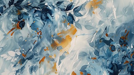 This is an abstract artistic background featuring flowers, branches, birds, gold brushstrokes. Oil on canvas. Modern Art. Grey, wallpaper, poster, card, mural, print, wall art, shades of gray.