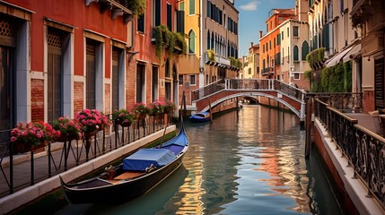 Fototapeta na wymiar Panoramic view of the canal with gondolas in Venice, Italy