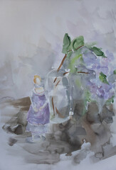 Original watercolor painting illustration with space for text. Nice spring still life. Lilac branch in transparent vase with doll. Jane Austen lady personage in Empire silhouette dress.